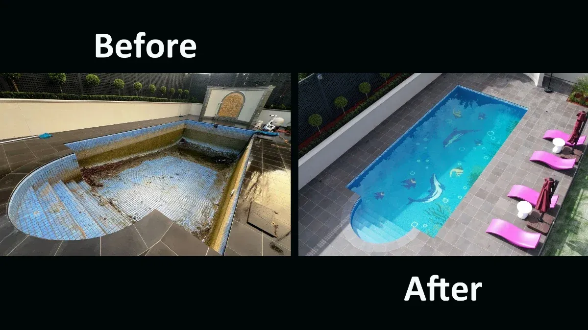 Custom mosaic pool tiling featuring dolphin and ocean theme artwork in Melbourne
