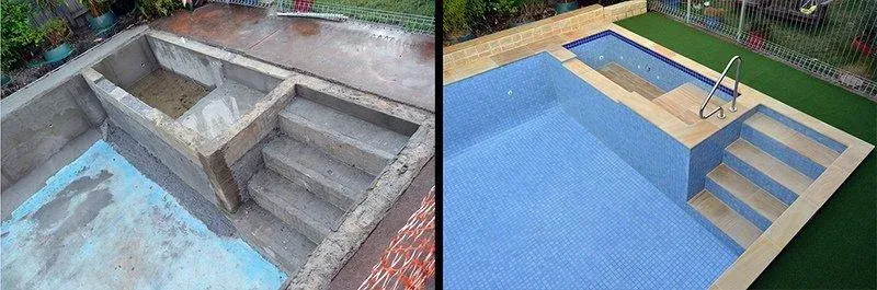 side by side comparison of an empty concrete pool shell next to another image of the same swimming pool after it has been tiled.
