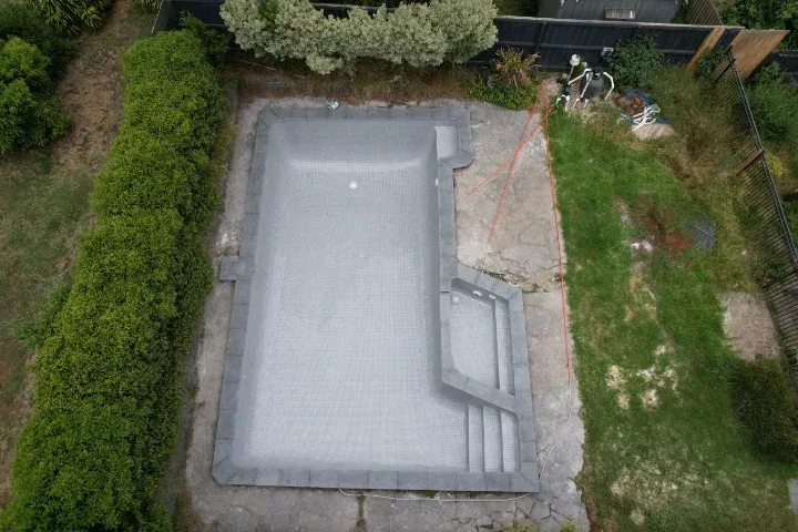 Pool renovation project in Mont Albert, Melbourne — drone aerial view of completed tiling